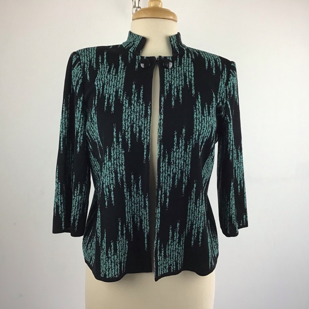Ming Wang cropped knit black/turquoise 3/4 sleeve open front cardigan size s/m